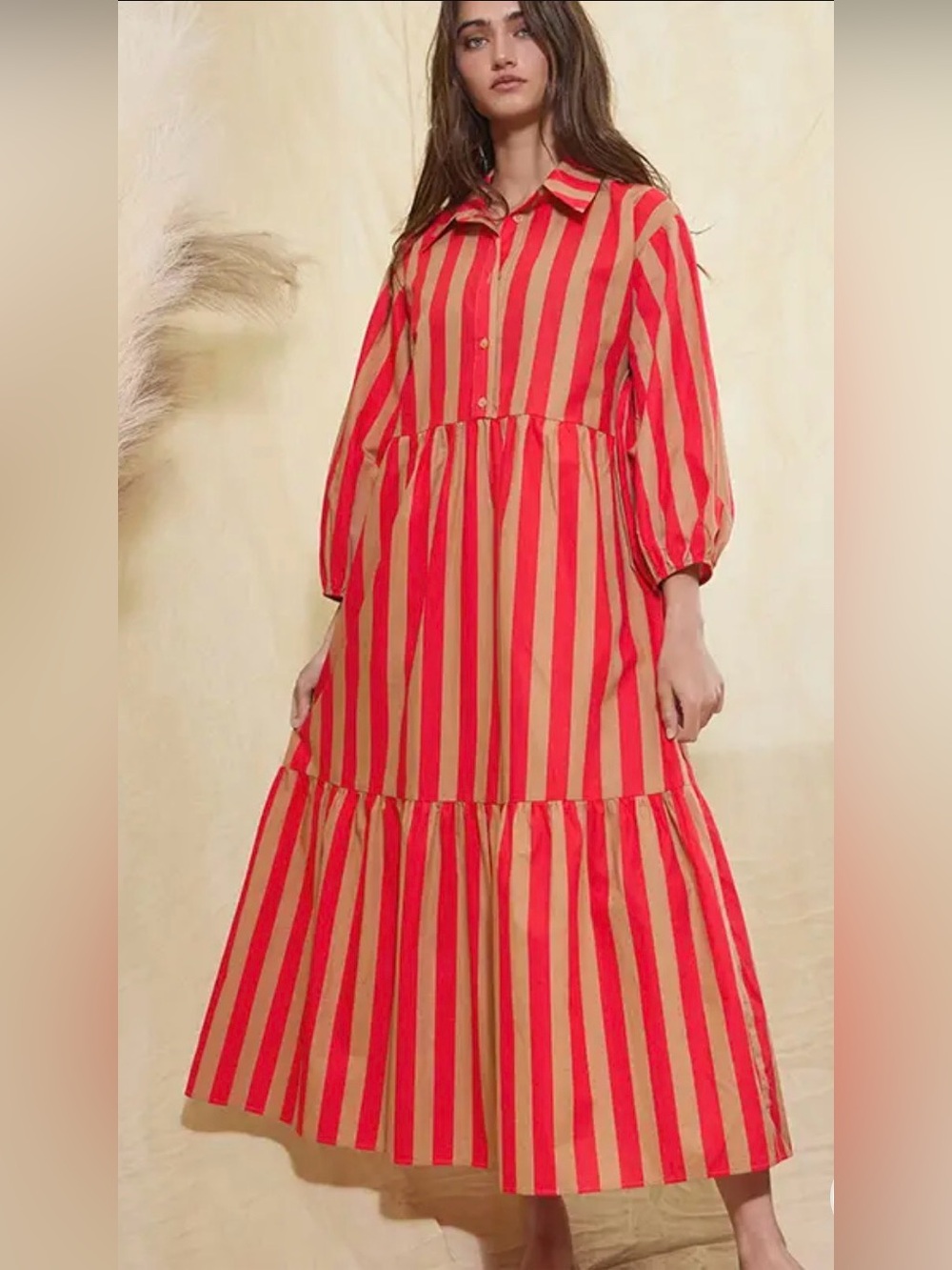 BUCKETLIST STRIPED PRINT TIERED MIDI SHIRT DRESS